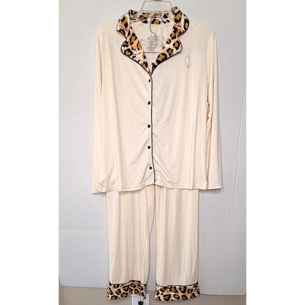 Baby Phat Pajama Set Cream Leopard Trim Long Sleeve Y2K Loungewear